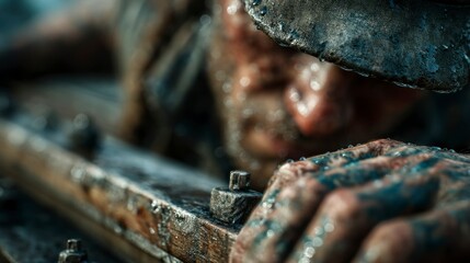 Intense Focus A CloseUp of a Weathered Hand on a Rustic Weapon in a Rainy Environment