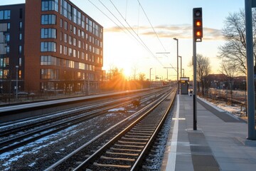 Fototapeta premium Train tracks at sunset urban railway and modern city architecture