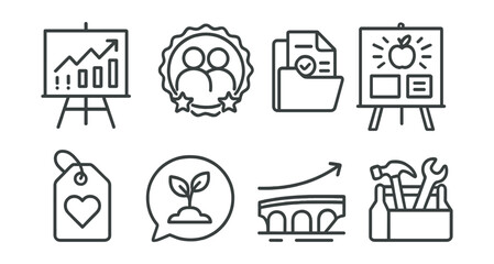 Fototapeta premium Line style icons of prevention and early intervention: early signs chart icon, peer support badge, screening tool file, school-wide awareness board, wellness check tag, resilience skills bubble,