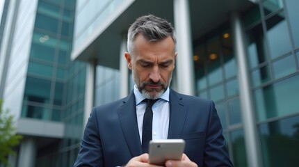 A middle-aged Caucasian man in a suit engrossed in his smartphone outside a modern office building.