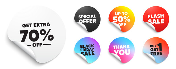 Extra discount sticker tag. Special offer paper price tags. Get Extra 70 percent off Sale. Discount offer price sign. Special offer symbol. Save 70 percentages. Discount, black friday sticker. Vector
