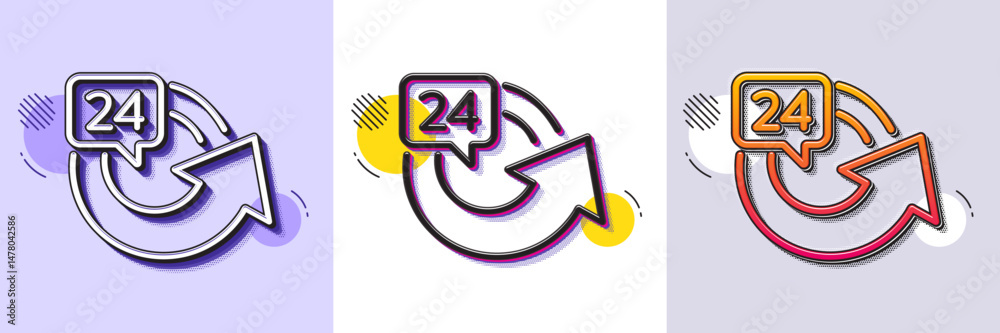Poster 24 hours service line icon. halftone dotted pattern. gradient icon with grain shadow. repeat every d