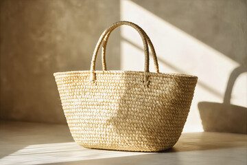 A woven straw tote bag sits on a light-colored surface, bathed in warm sunlight casting long shadows.