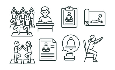 Line style icons of yoga in school settings: class-wide pose icon, calm before test badge, study break flow tag, gym mat yoga chart, peer practice board, breath before class file, mindfulness bell