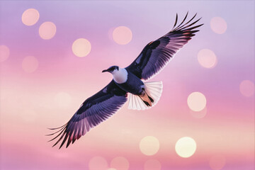 Obraz premium A majestic bird of prey, likely an osprey, soars gracefully through a vibrant pink and purple sunset sky filled with bokeh lights.