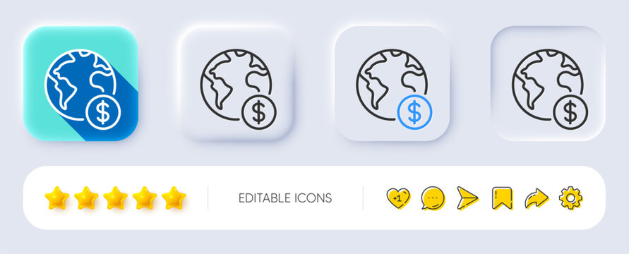 Global business line icon. Neumorphic, Flat shadow, 3d buttons. International outsourcing sign. Financial marketing symbol. Line global business icon. Social media icons. Vector