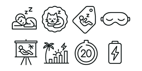 Line style icons of nap and rest moments: power nap icon, cat nap badge, quick rest tag, eye mask file, relax break board, midday recharge chart, 20-minute timer bubble, restore energy symbol.