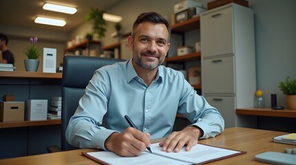 Smiling Caucasian man in business attire jotting down notes at his office desk.