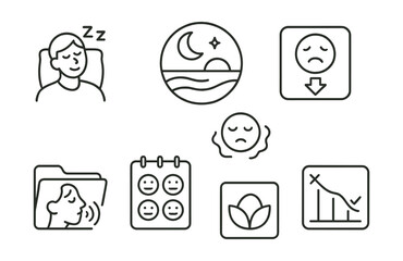 Line style icons of sleep and emotional regulation: calm before bed icon, end-of-day reflection badge, emotion downshift tag, breath to ease file, journal emotion board, emotional closure chart, feel