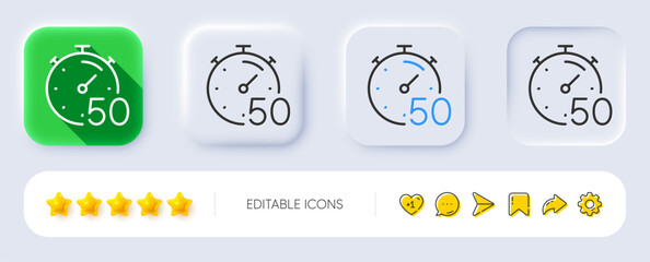 Timer 50 minutes line icon. Neumorphic, Flat shadow, 3d buttons. Stopwatch time sign. Countdown clock symbol. Line timer icon. Social media icons. Vector