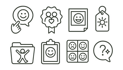 Line style icons of humor and lightness in therapy: inside joke icon, &ldquo;you&rsquo;re not alone&rdquo; badge, meme and mood tag, silly example file, therapist giggle board, emoji reflection chart, playful question