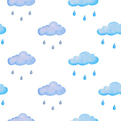 Watercolor illustration of clouds, rain. Seamless pattern of rain.