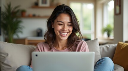 Naklejka premium Smiling woman of Asian descent enjoying a video call at home on a cozy sofa.