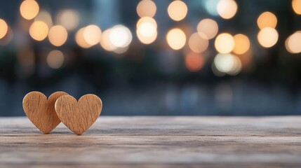 Two wooden hearts on rustic surface warm romantic bokeh background