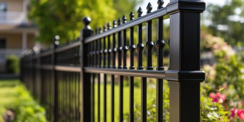 Black aluminum fence surrounding residential backyard garden, surrounded with flowers and green bushes.