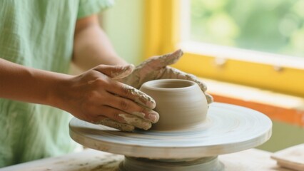 Potter shaping clay on a spinning pottery wheel
