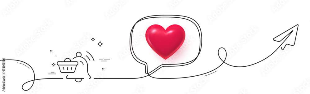 Poster notification cart line icon. continuous line with share plane. bell alarm reminder sign. shopping me