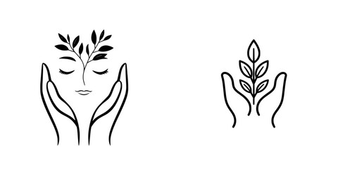 Illustration of hands nurturing a face with leaves and a sprouting plant symbolizing growth and care