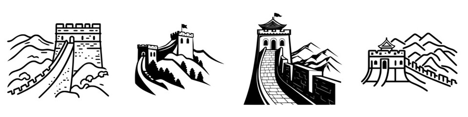 Obraz premium Illustration of the Great Wall of China showcasing various sections and architectural styles against mountainous background