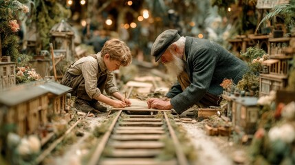 Grandfather and Grandchild Building a Miniature Railway Together in a Charming Garden Setting