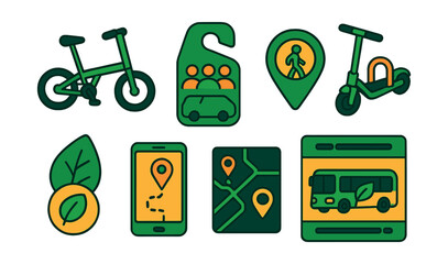 Isometric flat vector set of illustrations of green commuting habits: foldable bike, carpool tag, walk-to-work pin, scooter lock, low-emission badge, trip tracking app, eco transport map, hybrid bus