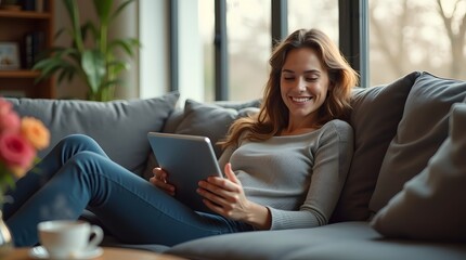 Obraz premium A young Caucasian woman relaxes on a cozy sofa, enjoying her tablet and a warm cup of coffee.