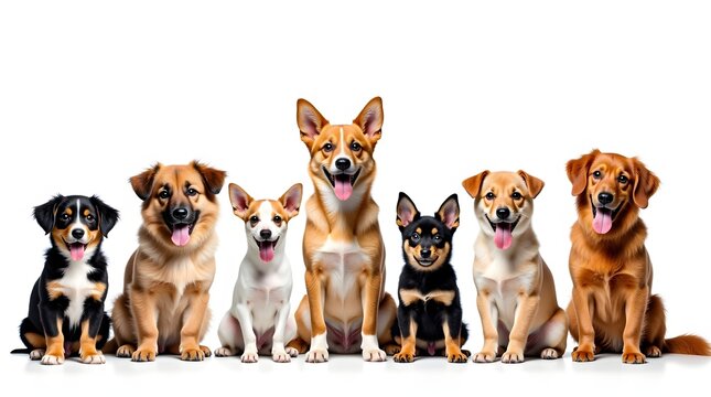 A vibrant lineup of seven happy dogs of different breeds sitting together, adding joy and warmth to the scene.