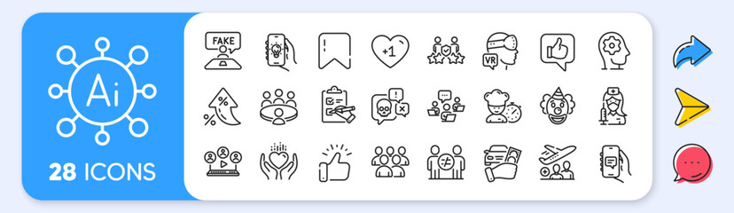 Teamwork, Augmented reality and Checklist line icons. Interest rate, AI generate, Inflation icons. Pack of Chef, Brain working, Cyber attack icon. Group, Like, Security agency pictogram. Vector