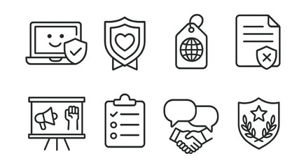 Line style icons of school-wide safety programs: digital citizenship icon, cyber wellness badge, internet safety week tag, anti-bullying pledge file, classroom campaign board, tech rules chart,