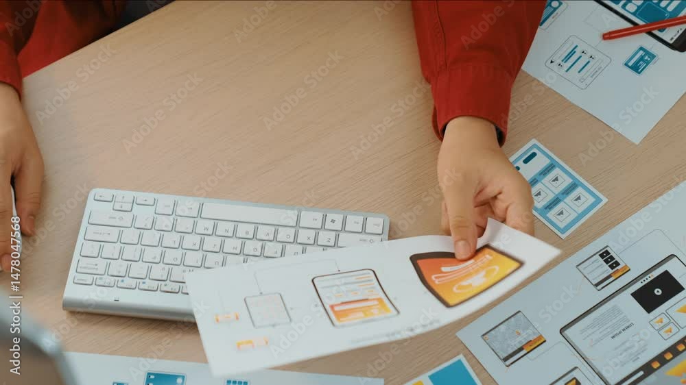 Fototapete Startup company employee planning for user interface prototype for mobile application or website in office with model of program on desk. UX UI designer consider user friendly interface plan. Synergic
