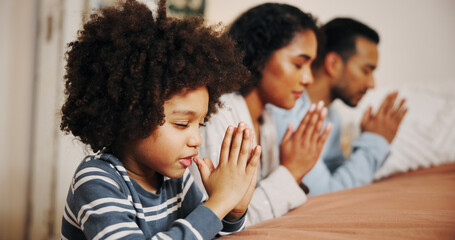 Family, bed and prayer hands with faith for christianity, religion or belief on fabric sheets at...