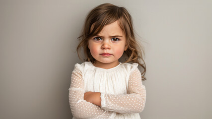 Obraz premium Upset toddler with crossed arms and angry expression in studio, showing frustration and annoyance
