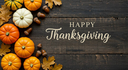 Pumpkins Thanksgiving Leaves Acorns on Wooden Background Happy Thanksgiving