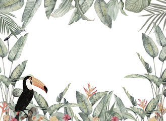 Elegant Watercolor Style Tropical Greenery Border with Toucan, Rich Botanical Design for Invitations © csinie1