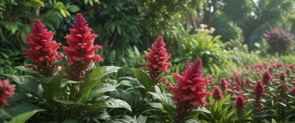 Celosia flowers in lush garden setting with cocoa leaf ,  plant life,  garden
