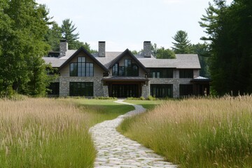 Modern stone house surrounded by nature with a winding pathway leads to the entrance in a tranquil setting during daytime