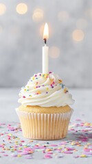 A cupcake with white frosting and colorful sprinkles, topped by an unlit birthday candle
