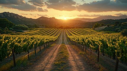 Fototapeta premium Scenic vineyard landscape at golden hour sunrise.