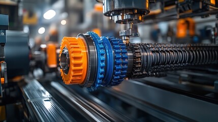 Obraz premium Close up of industrial machine with gears and precision components in manufacturing setting