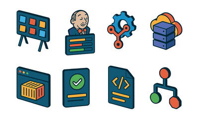Isometric flat vector icons of DevOps & Cloud Automation: DevOps workflow board, Jenkins job queue, GitOps operator symbol, serverless deployment model, container registry window, deployment success