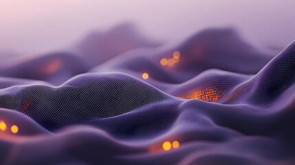Fototapeta premium Abstract wavy, purple landscape with glowing lights. Detailed network structure