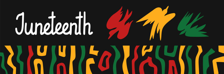 Juneteenth celebration geometric background. Abstract ethnic horizontal ornament with birds of freedom. African color ornament. For greeting card, banner. Vector doodle illustration.