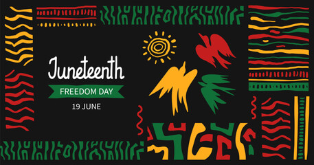 Juneteenth celebration horizontal banner template. Background with Abstract ethnic ornament and bird of freedom. curved drawn stripes. African-American Independence Day. Vector doodle illustration.