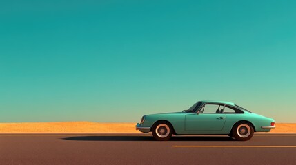 Vintage car on open road under blue sky minimalist design classic automobile travel and transportation