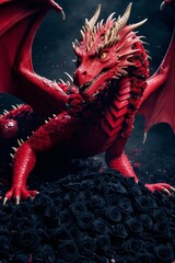 Fierce red dragon surrounded by black roses in a dramatic fantasy setting