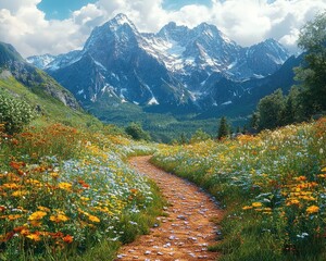 Vibrant Mountain Landscape with Wildflowers and Scenic Pathway Under Blue Sky