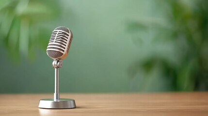 Vintage microphone on wooden table with blurred background for audio recording and communication
