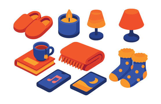 Isometric flat vector set of illustrations of cozy evening routine: warm slippers, candlelight, soft throw, book and tea, ambient lighting, bedtime playlist, low blue light screen, fuzzy socks.