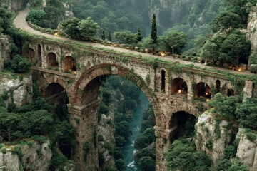 Fototapeta premium Ancient Stone Bridge Over Lush Valley with Arches and Greenery Ideal for Fantasy Adventure a