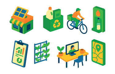 Isometric flat vector set of illustrations of green business ideas: solar-powered store, upcycled packaging, bike delivery, refill station, energy report, plant wall, remote work setup, local